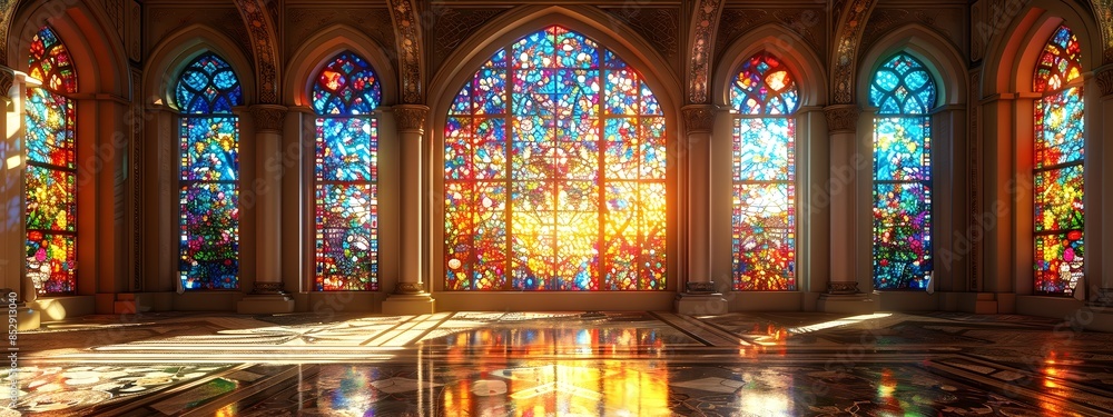 Obraz premium Jewel Toned Stained Glass Sanctuary Illuminated by Radiant Sunlight