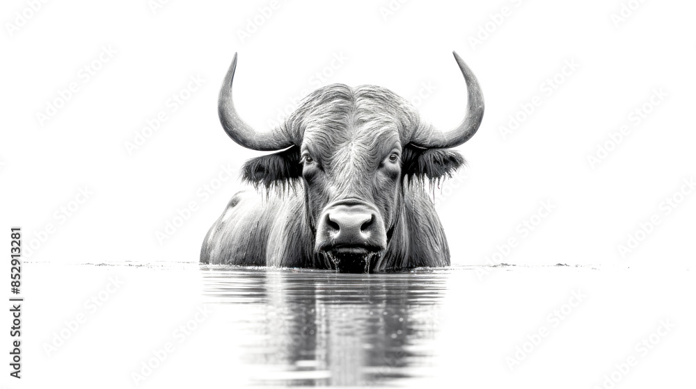 Naklejka premium A bull is in the water, looking at the camera