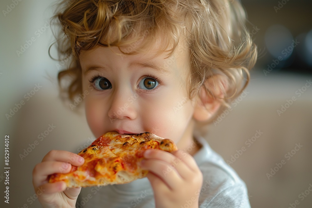 Adorable little boy enjoying a slice of cheese pizza at home Adorable little boy enjoying a slice of cheese pizza at home