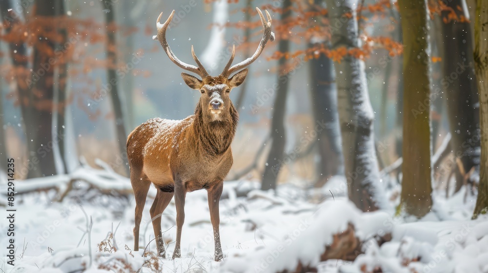 majestic deer standing tall in a snowy forest winter wildlife landscape majestic deer standing tall in a snowy forest winter wildlife landscape