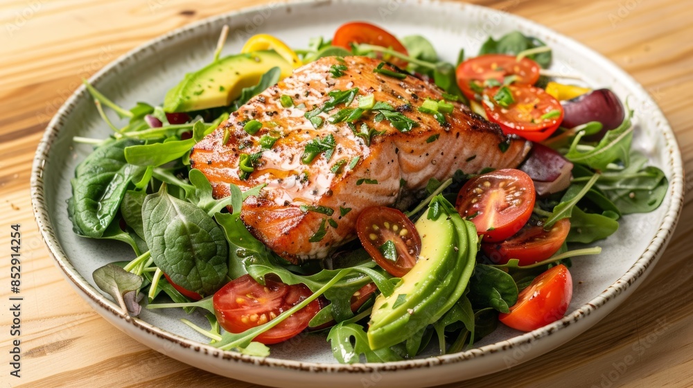 Grilled Salmon with Avocado, Cherry Tomatoes and Greens on a Plate Grilled Salmon with Avocado, Cherry Tomatoes and Greens on a Plate