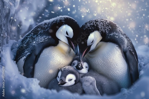 A cute penguin family huddled together for warmth  animal, wildlife, nature, white, black, penguins, antarctica, wild, cold, zoo, humboldt, snow, beak, flightless, ice, cute, sea, polar, rock, antarct photo