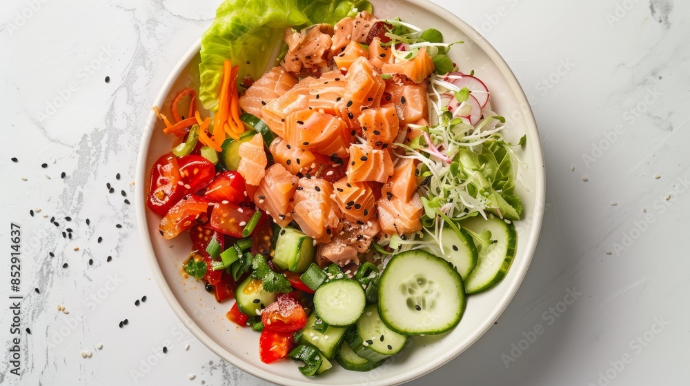 Top View of a Bowl of Salmon Poke with Vegetables and Sesame Seeds Top View of a Bowl of Salmon Poke with Vegetables and Sesame Seeds