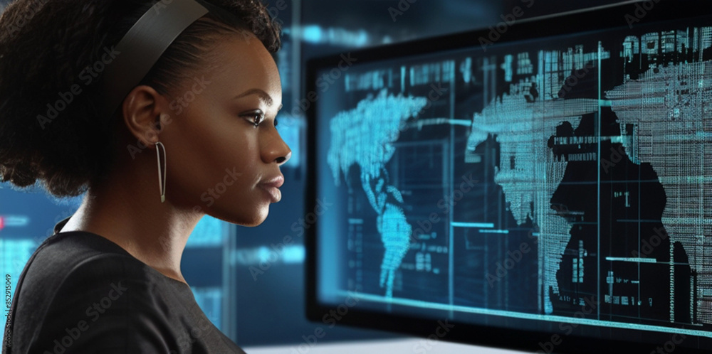 Futuristic portrait of IT specialist analysing data on transparent screen in front of her, information AI technology, cyber security concept Futuristic portrait of IT specialist analysing data on transparent screen in front of her, information AI technology, cyber security concept