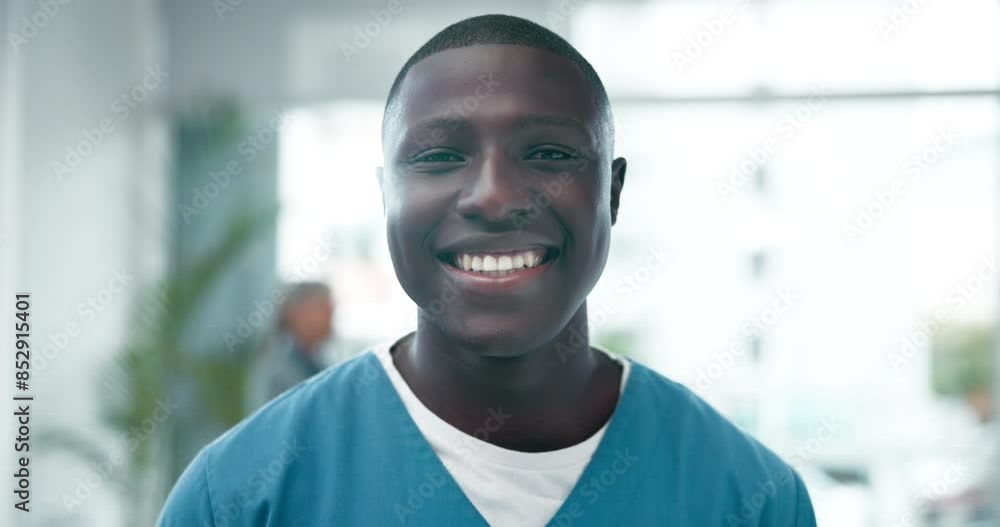 Nurse, face and happy in hospital as medical worker for healthcare, nursing and patient with person. Black man, smile and health facility with experience for wellness, medicine and expert service Nurse, face and happy in hospital as medical worker for healthcare, nursing and patient with person. Black man, smile and health facility with experience for wellness, medicine and expert service