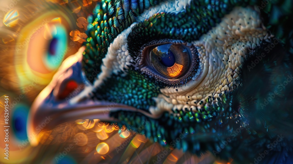 Obraz premium Close-up of a peacock's eye with beautiful feathers on a blurred background