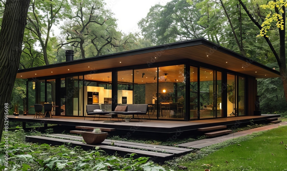 Sleek glass house with unobstructed nature views. Sleek glass house with unobstructed nature views.