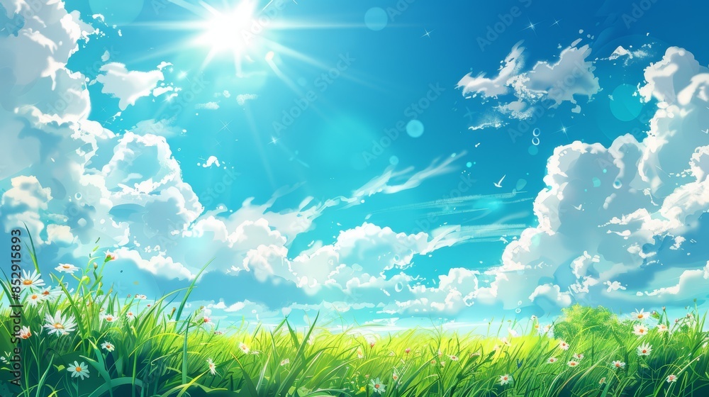 Obraz premium A vibrant green field stretches towards a bright blue sky with fluffy white clouds and a shining sun.