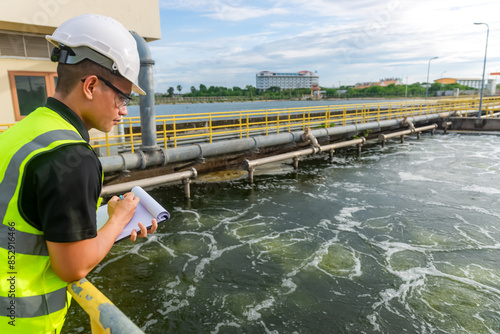 Εκτύπωση καμβά an engineer stand aside at the waste water pool and check the waste water in a p