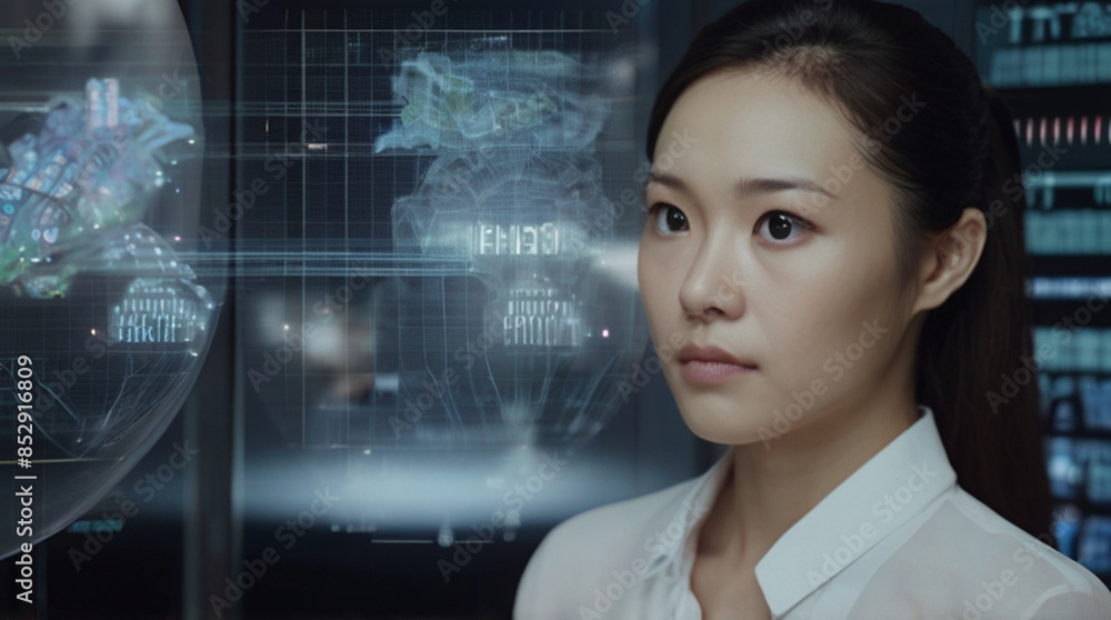 Futuristic portrait of IT specialist analysing data on transparent screen in front of her, information AI technology, cyber security concept Futuristic portrait of IT specialist analysing data on transparent screen in front of her, information AI technology, cyber security concept