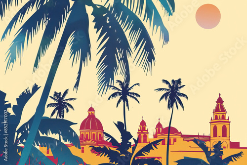 Risograph print travel poster illustration of Cartagena, Colombia, modern, isolated, clear, simple. Artistic, stylistic, screen printing, stencil, stencilled, digital duplication. Banner, wallpaper