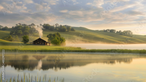 A tranquil lakeside cabin with misty hills in the early morning light.  © PhotoWhiz