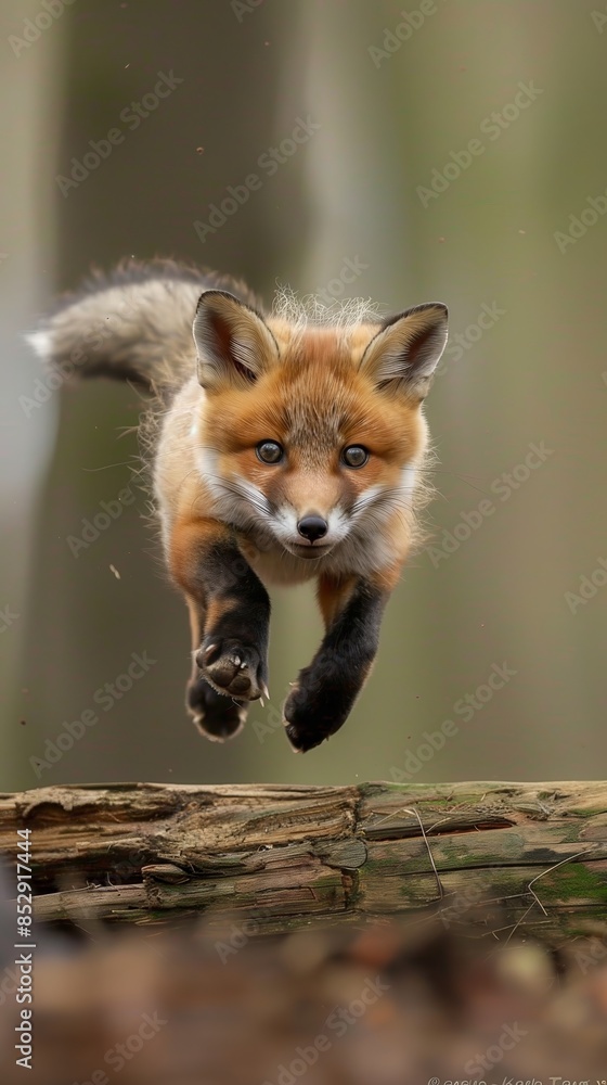 Obraz premium A joyful fox cub jumping over a log 