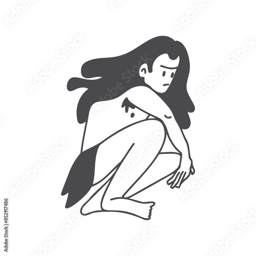 Man with ling hair squatting isolated on white background.