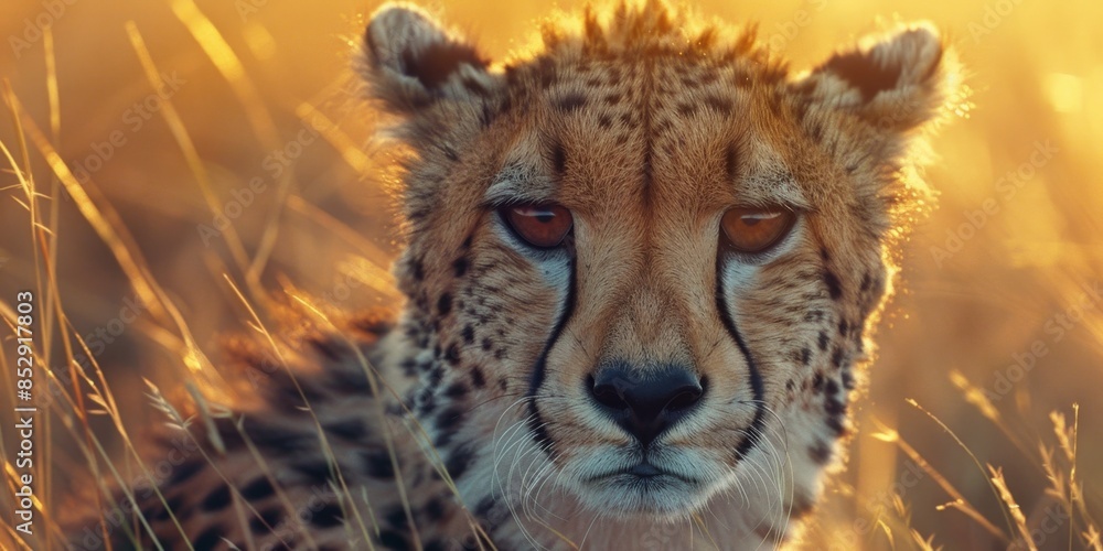 Obraz premium Golden Gaze of a Cheetah on the African Savannah: Capturing the Majesty of Wildlife, Nature's Predator, and Human Connection. High-Resolution AI-Generated Wallpaper Background.