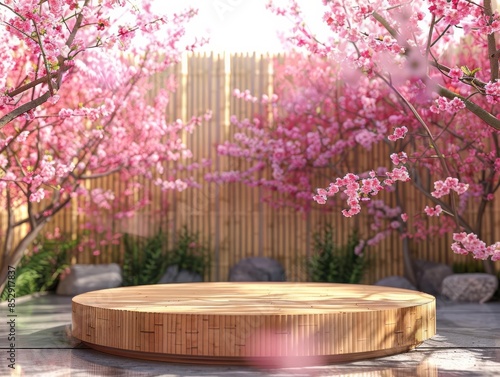 Bamboo podium in a serene Japanese garden, surrounded by cherry blossoms, with a minimalist design, soft lighting, and a calm atmosphere, perfect for a zenthemed backdrop photo