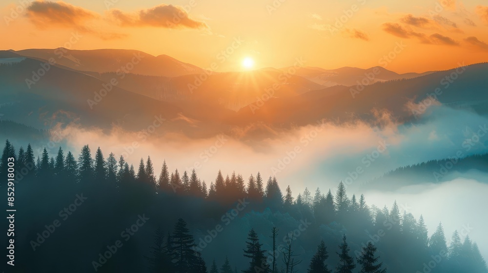 Fototapeta premium majestic sunrise over misty mountain landscape breathtaking nature scenery