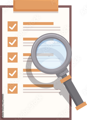 Magnifying glass is inspecting a completed checklist on a clipboard, emphasizing the concept of audit, quality control, and attention to detail