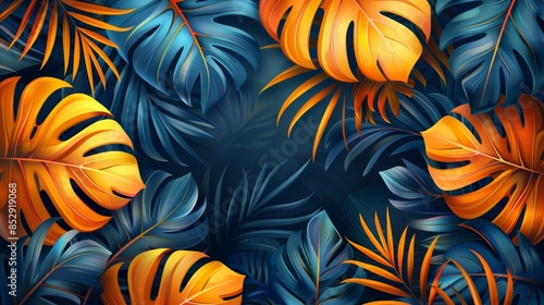 Vibrant tropical leaves in shades of blue and orange create a lush, exotic background. Perfect for summer, vacation, or nature themes.