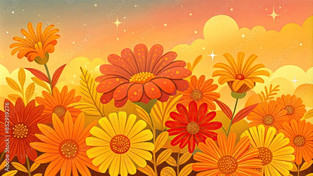 Obraz premium A field of bright orange and yellow flowers in full bloom.