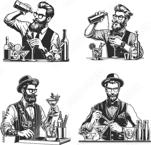 set of images of a hipster bartender who mixes cocktails for various designs