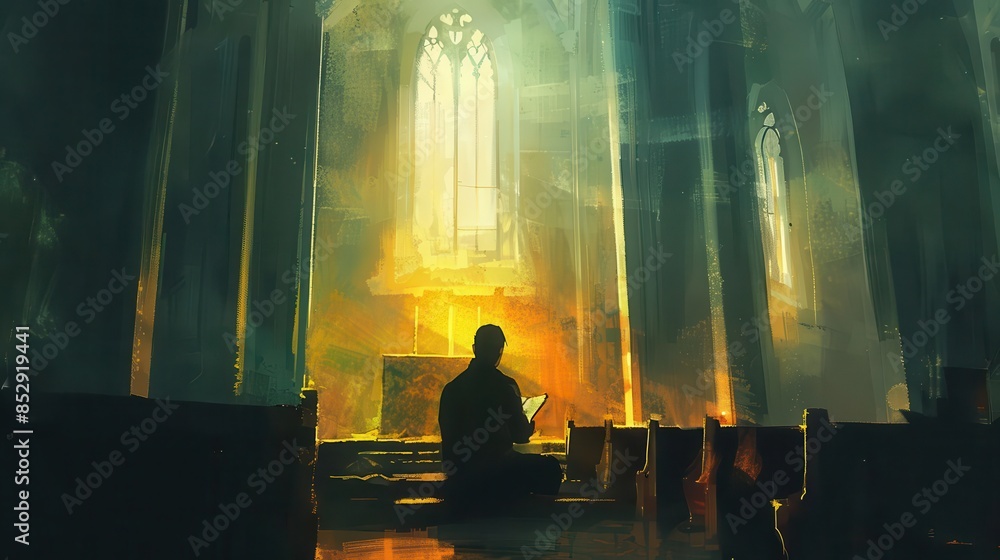 man praying and reading bible in church spirituality and faith concept digital painting man praying and reading bible in church spirituality and faith concept digital painting