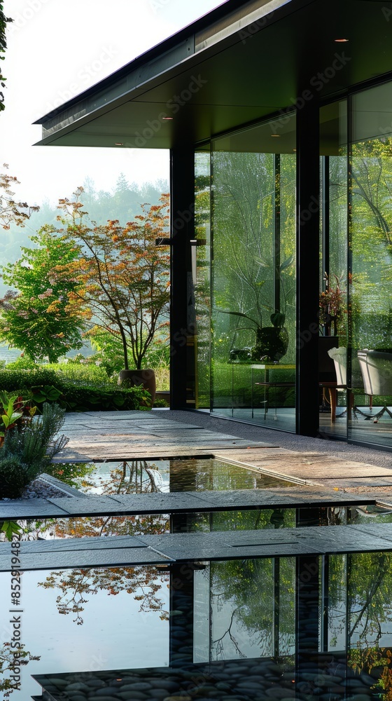 Sleek glass house with minimalist decor.