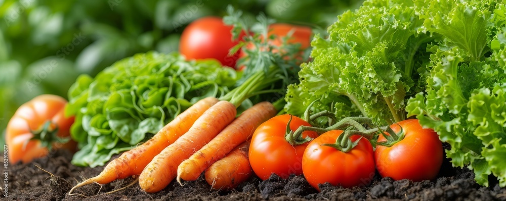 Fresh Harvest Carrots, Tomatoes, and Lettuce on Soil Fresh Harvest Carrots, Tomatoes, and Lettuce on Soil