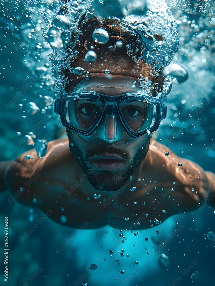 Fototapeta premium Graceful Diver Performing Intricate Mid-Dive Pose in Vibrant Aquatic Competition