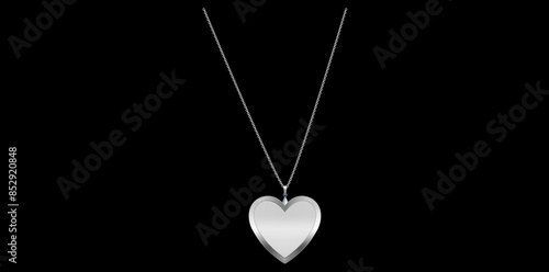 Heart Shape Metallic Silver Pendant On Fine Chain With Black Background, Trendy Fashion Silver Plated Necklace Vector Illustration.	