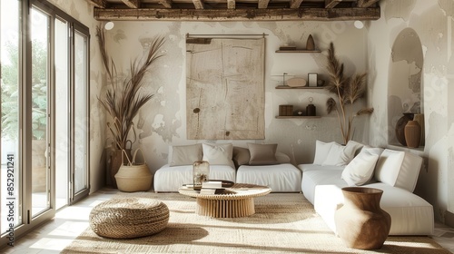 minimalist boho living room with natural textures and earthy tones interior design