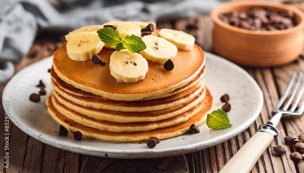 Tasty pancakes with banana and chocolate chips. Delicious food for breakfast. Sweet dessert. Tasty pancakes with banana and chocolate chips. Delicious food for breakfast. Sweet dessert.