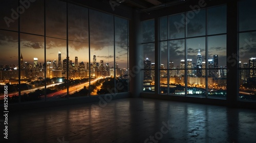 Panoramic Night View of City Skyline with Bright Lights Seen Through Large Windows © Андрій Гатченко