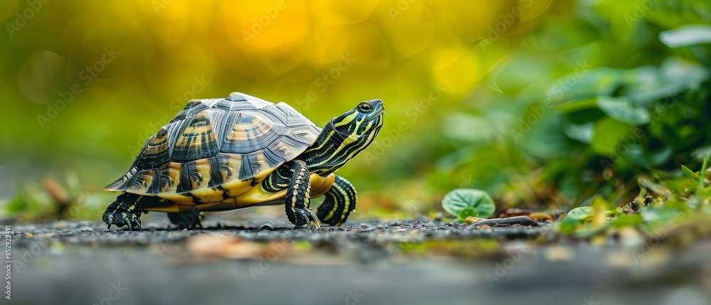 A sweet turtle slowly walking along a garden path