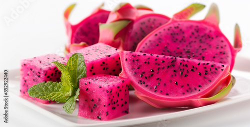 Dragon fruit, cut in half and placed on a white plate with other dragon fruit behind it.