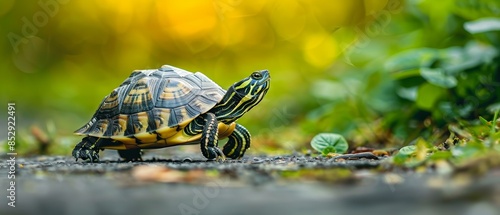 A sweet turtle slowly walking along a garden path   photo