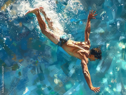 Man swimming underwater, sun shining through the water, blue water, summer