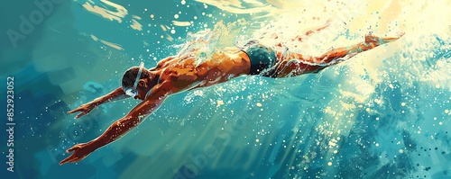 A swimmer glides through the water, sunlight illuminating the scene.