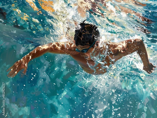 Man swimming freestyle in a pool with sunlight reflecting off the water