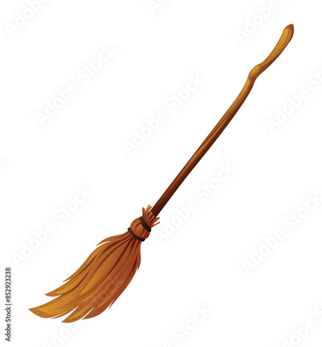 Classic witch broom with long wooden handle and brown bristles. Vector cartoon illustration isolated on white background.