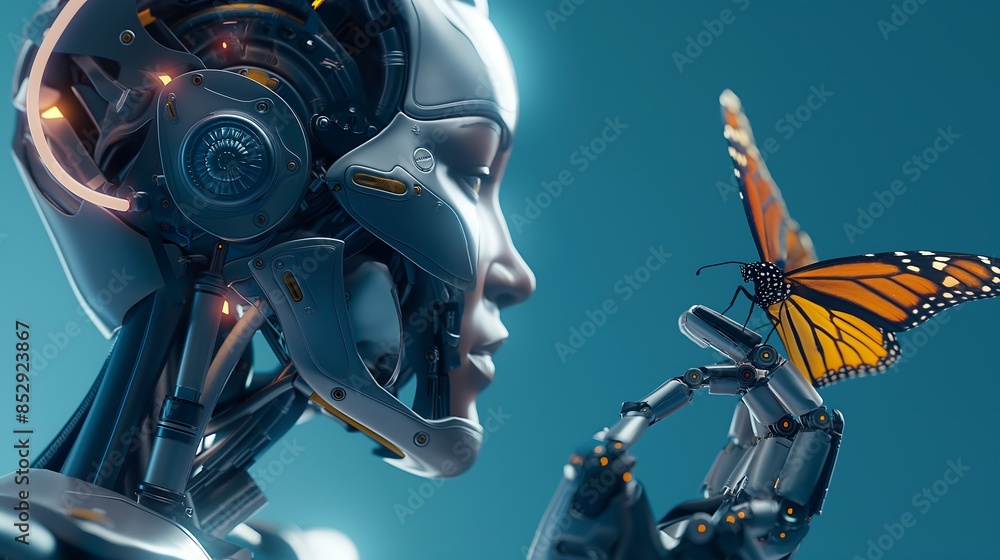 shining beautiful robot woman having a butterfly laying on the robot index finger , in the background a cosmetic blue background shining beautiful robot woman having a butterfly laying on the robot index finger , in the background a cosmetic blue background
