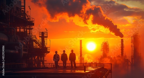 Silhouettes of oil workers working on an oil rig at sunset, wearing hard hats in front of an old black iron electric pump with other equipment behind them