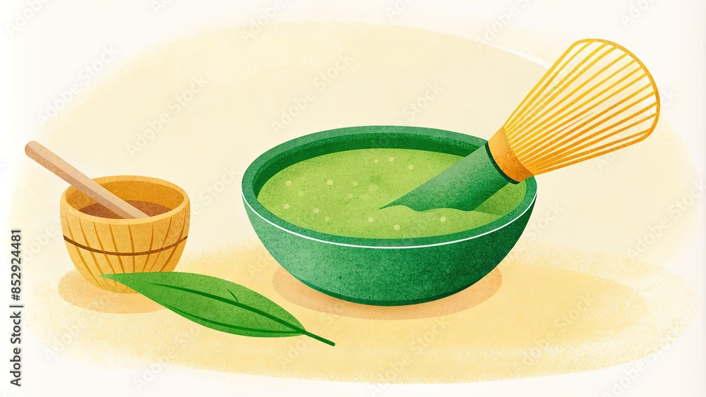 A traditional tea set with matcha and bamboo whisk. A traditional tea set with matcha and bamboo whisk.