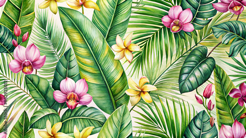 Tropical seamless pattern with palm leaves, banana flower and orchids. Wallpaper drawn in watercolor and pencil. Tropical seamless pattern with palm leaves, banana flower and orchids. Wallpaper drawn in watercolor and pencil.