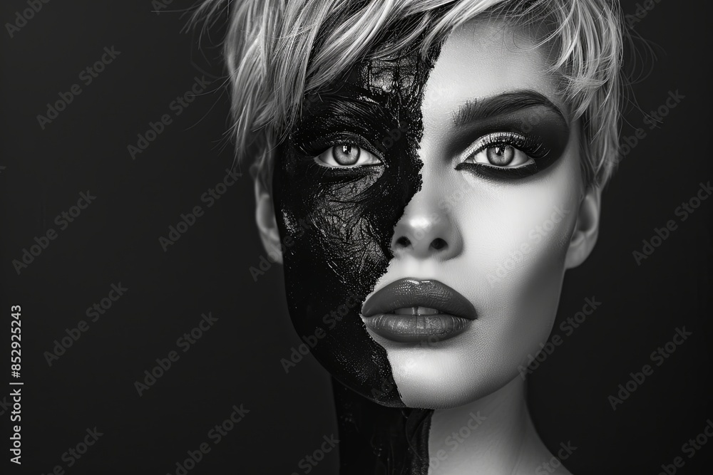 Black and white portrait of woman with half face painted, exuding elegant and mysterious vibes. Black and white portrait of woman with half face painted, exuding elegant and mysterious vibes.
