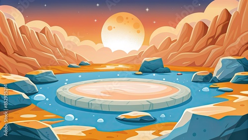 A circular stone pool in a desert at sunset. photo