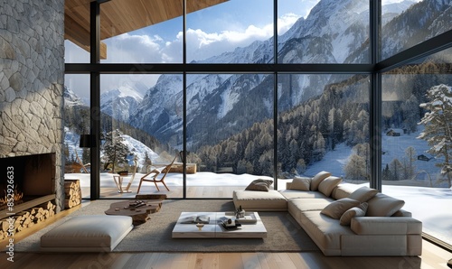 Luxurious mountain retreat with large windows. photo
