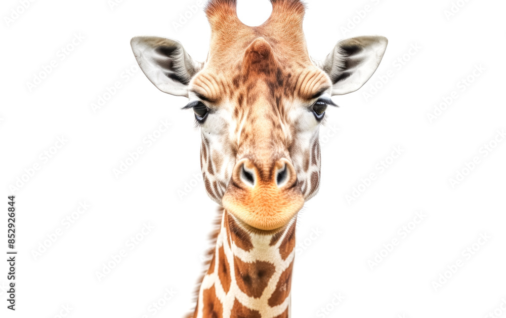 Fototapeta premium A giraffe is staring at the camera with its mouth open.