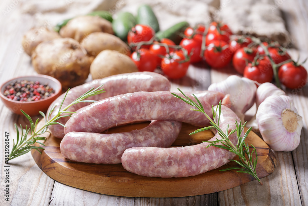 Fresh sausages with rosemary and ingredients for cooking Fresh sausages with rosemary and ingredients for cooking