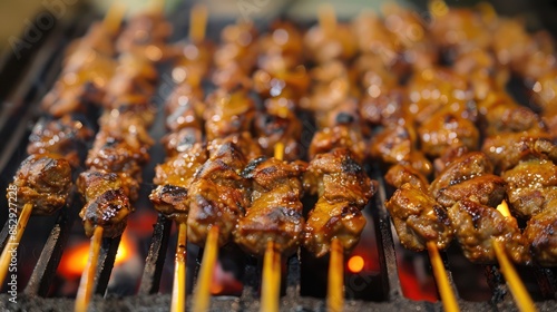 Satay or sate, skewered and grilled meat, served with peanut sauce, cucumber and ketupat